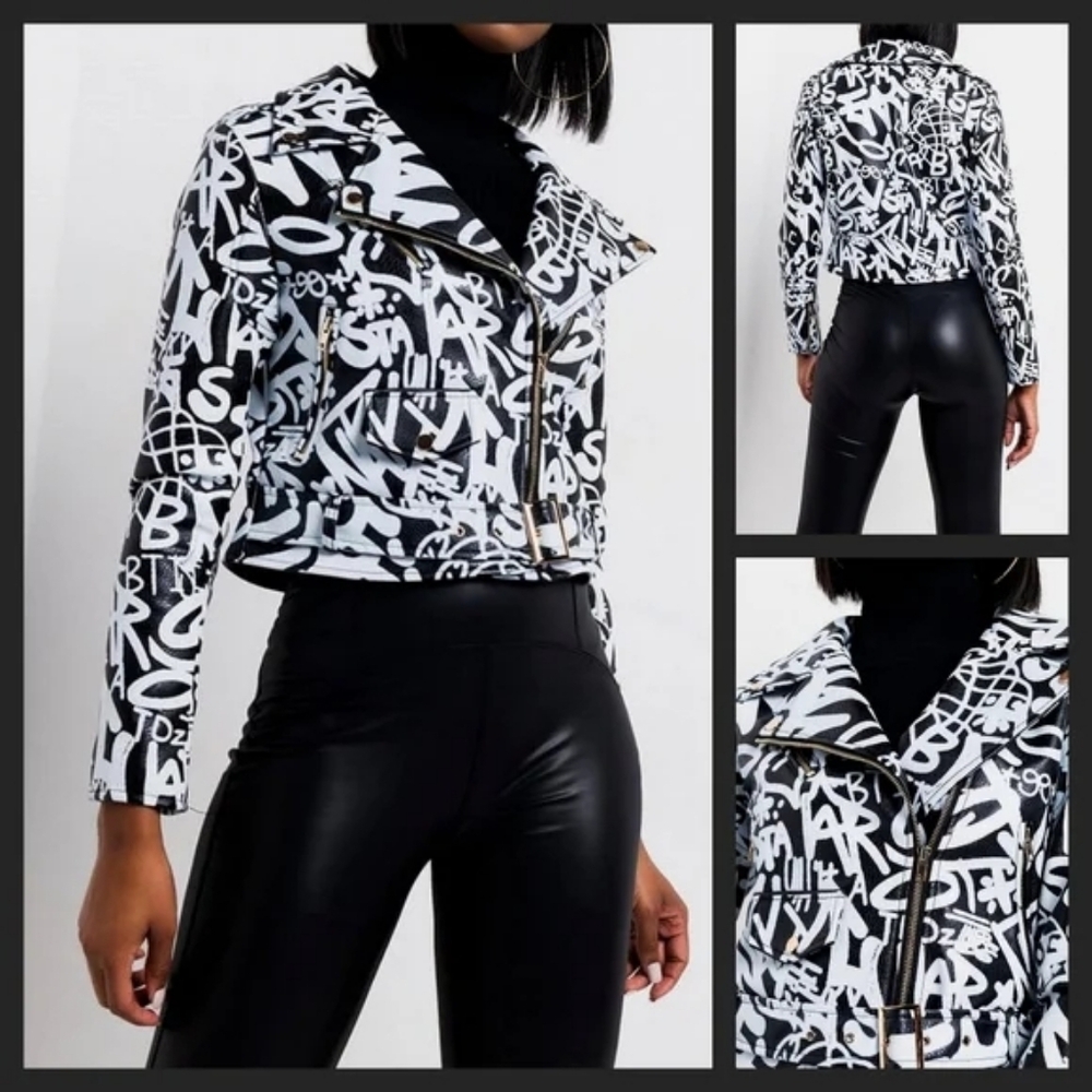 Women's Black & White Graffiti Moto Jacket BRAND   NEW